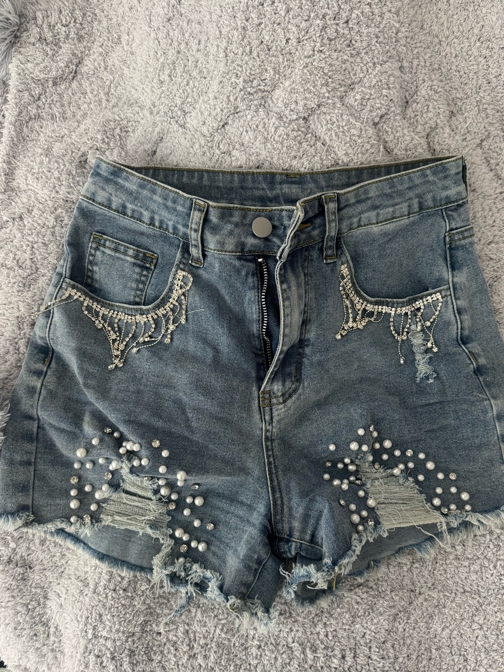 Denim High-Rise Blue Pearl & Chain Embellished Women's Shorts